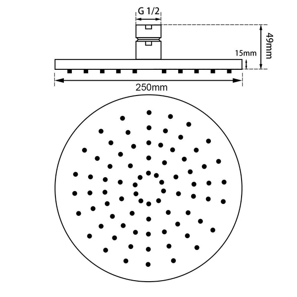 250mm Round Brass Rainfall Shower Head 15mm Thick [42-0010.SH]