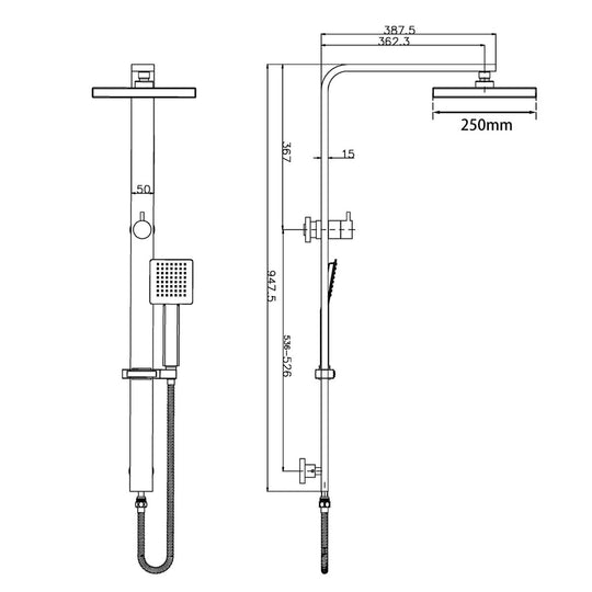 10" Square Wide Rail Shower Station Top Water Inlet with 3 Functions Handheld [42-2150.SH]