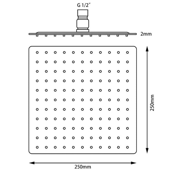 250mm Square Super-Slim Black Rainfall Shower Head 2mm Thick [42-0002.SH]