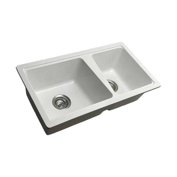 760*420*220 Kitchen Sink Laundry White Granite Stone Sinks Double Bowl Basin [44-GS7642W]