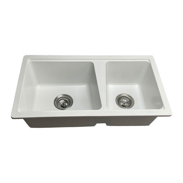 760*420*220 Kitchen Sink Laundry White Granite Stone Sinks Double Bowl Basin [44-GS7642W]