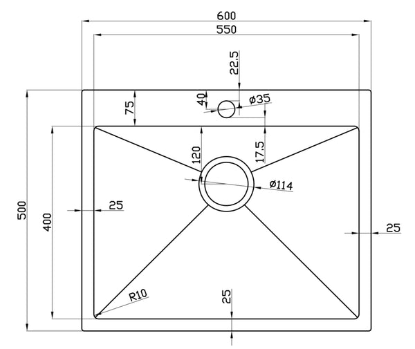 600*500*250 Handmade Stainless Steel Under/Topmount Kitchen Laundry Single Sink With Tap Hole [44-HF6050TD]