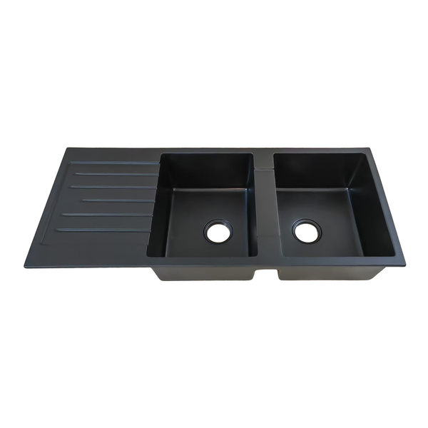 1160*500*230 Kitchen Sink Laundry Black Granite Stone Sinks Double Bowls Basin [44-GS11650B]
