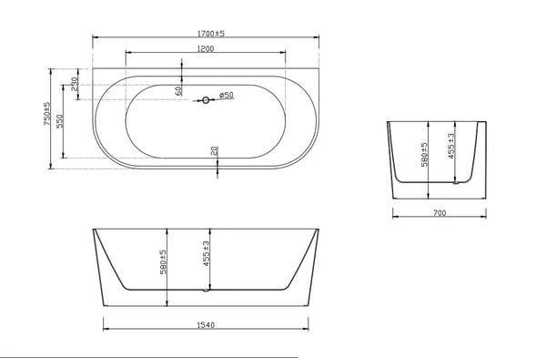 Glossy White Bathroom Acrylic Back to Wall Bathtub 1500/1700mm [44-ASB-119]