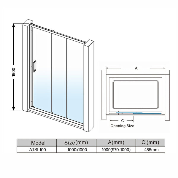 3 Panel Semi Frameless Pivot Door Shower Screen - FRONT PANEL [24-ATSL]