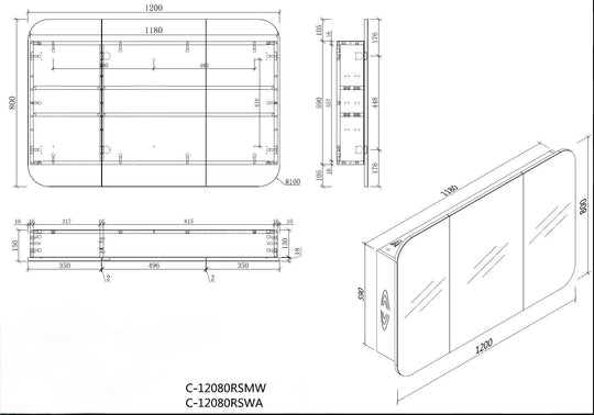 Carysil Grand - Rectangle Shaving Cabinet 750/900/1200mm [42-C-7580/9080/12080RS / 42-2229]