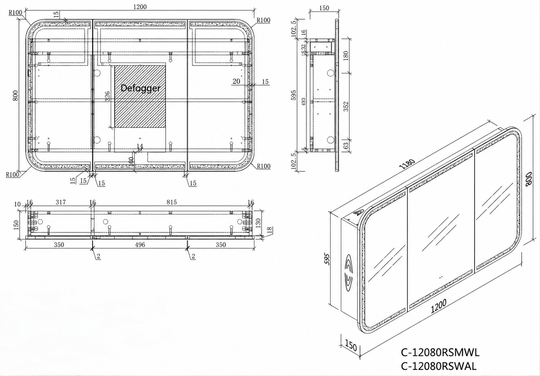 Carysil Grand - LED Rectangle Shaving Cabinet 750/900/1200mm [42-C-7580/9080/12080RS-L / 42-2230]