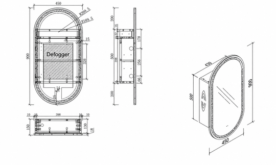 Carysil Noble - LED Oval Shaving Cabinet 450x900x150mm [42-C-4590OS-L / 42-2224]