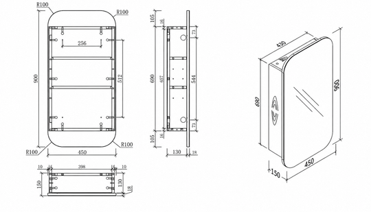Carysil Earls - Squircle Shaving Cabinet 450x900x150mm [42-C-4590RS / 42-2222]
