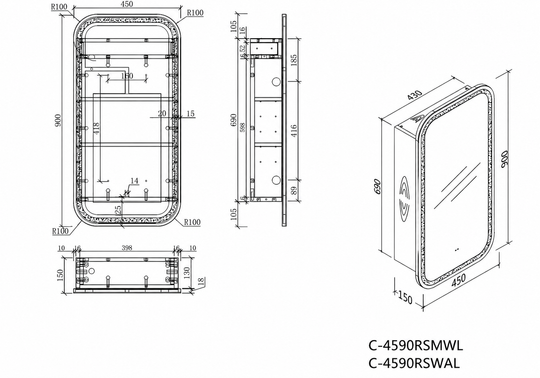 Carysil Earls - LED Squircle Shaving Cabinet 450x900x150mm [42-C-4590RS-L / 42-2225]