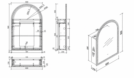Carysil Imperial Arch - LED Arch Shaving Cabinet 600x900x150mm [42-C-6090AS-L / 42-2226]