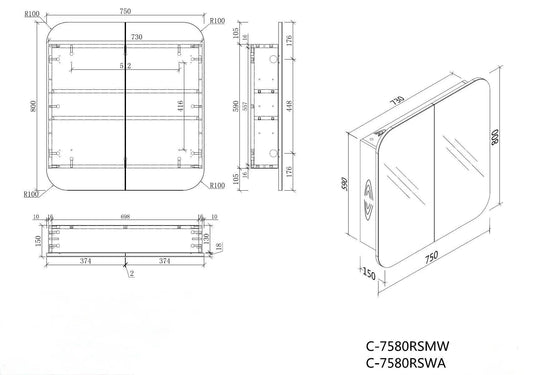 Carysil Grand - Rectangle Shaving Cabinet 750/900/1200mm [42-C-7580/9080/12080RS / 42-2229]