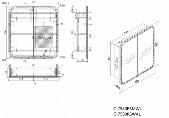 Carysil Grand - LED Rectangle Shaving Cabinet 750/900/1200mm [42-C-7580/9080/12080RS-L / 42-2230]