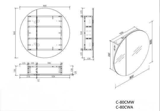 Carysil Orbit - Oval Shaving Cabinet 800x800x150mm [42-C-80C / 42-2231]