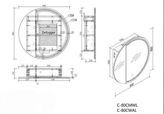 Carysil Orbit - LED Oval Shaving Cabinet 800x800x150mm [42-C-80C-L / 42-2232]