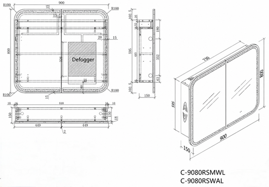 Carysil Grand - LED Rectangle Shaving Cabinet 750/900/1200mm [42-C-7580/9080/12080RS-L / 42-2230]