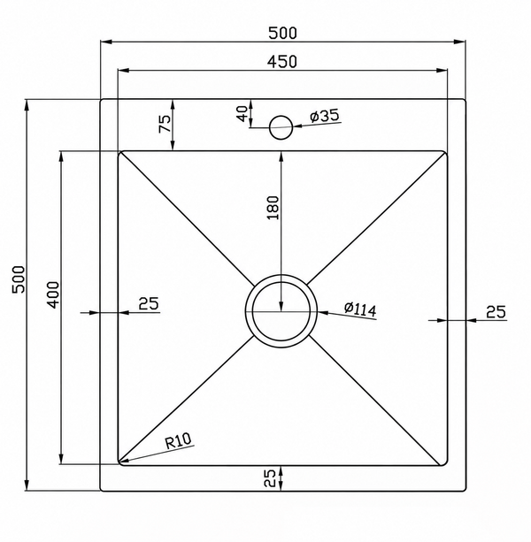 500*500*250 Tap Hole Handmade Stainless Steel Under/Topmount Kitchen Laundry Single Sink [44-HF5050TD]