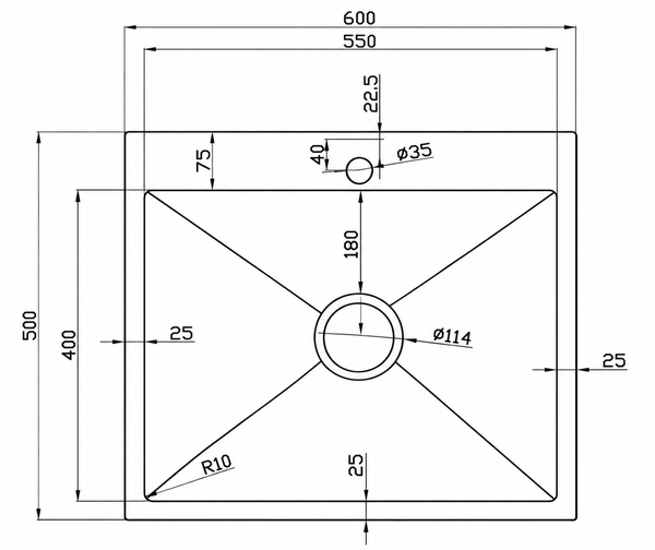 600*500*250 Handmade Stainless Steel Under/Topmount Kitchen Laundry Single Sink With Tap Hole [44-HF6050TD]