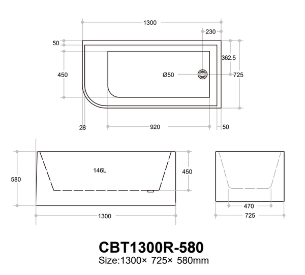 Corner Gloss White Bathtub (580mm Height) 1500/1700mm [19-KBT-6-580]