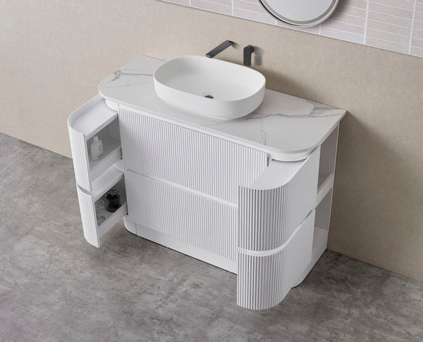 Hudson - Matte White Fluted Curved Freestanding Vanity 900-1500mm [20-SK68-WM]