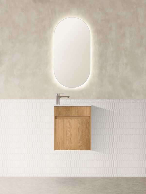 York - White / Oak Small Fluted Wall Hung Vanity 460x255x855mm [20-WH8 / 20-2077]