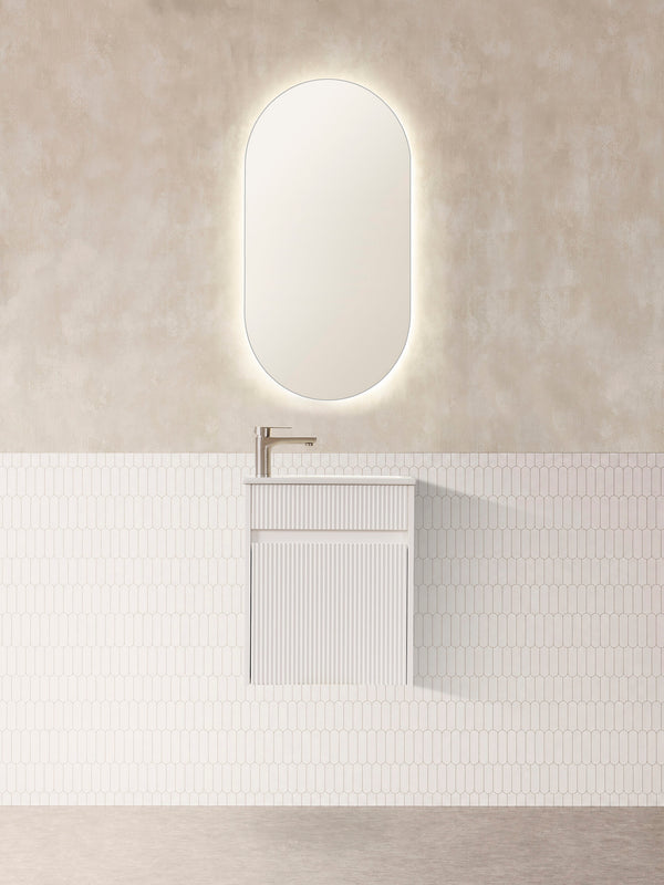 York - White / Oak Small Fluted Wall Hung Vanity 460x255x855mm [20-WH8 / 20-2077]