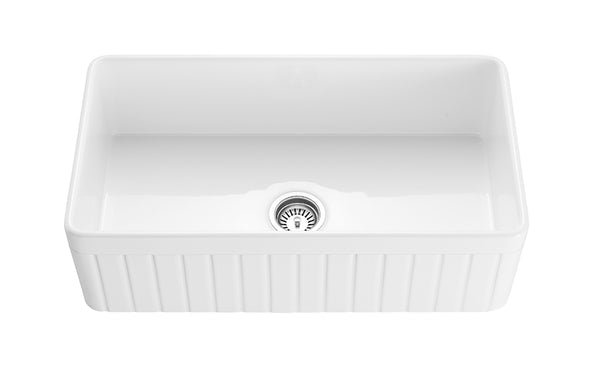 Farmhouse Fluted Gloss White Ceramic Kitchen Sink 828x450mm [19-FCS828GW / 19-1984]