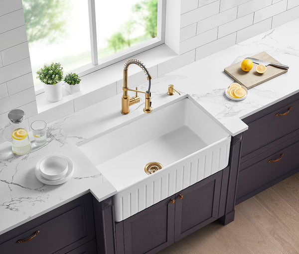Farmhouse Fluted Gloss White Ceramic Kitchen Sink 828x450mm [19-FCS828GW / 19-1984]