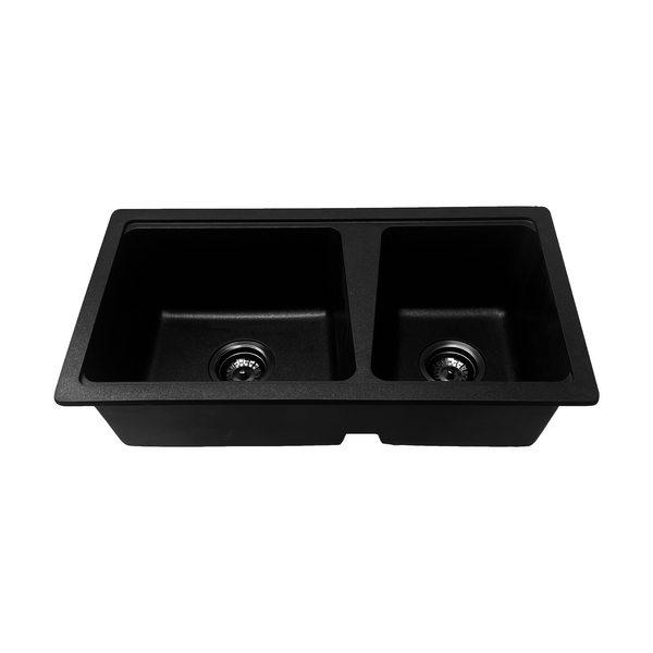 760*420*220 Kitchen Sink Laundry Black Granite Stone Sinks Double Bowls Basin [44-GS7642B]