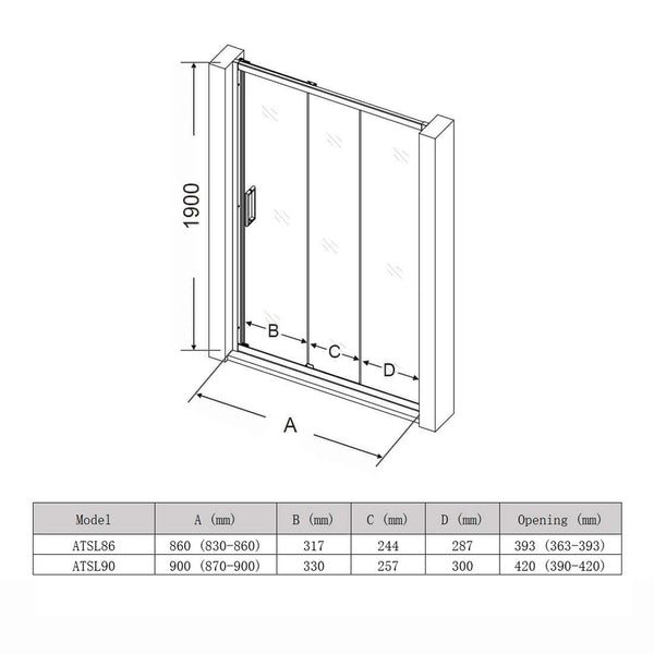 3 Panel Semi Frameless Pivot Door Shower Screen - FRONT PANEL [24-ATSL]