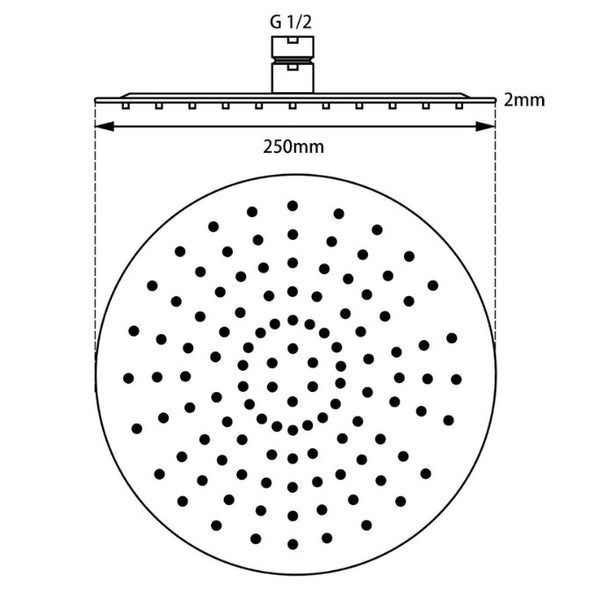 250mm Round Super Slim Black Rainfall Shower Head 2mm Thick [42-0007.SH]