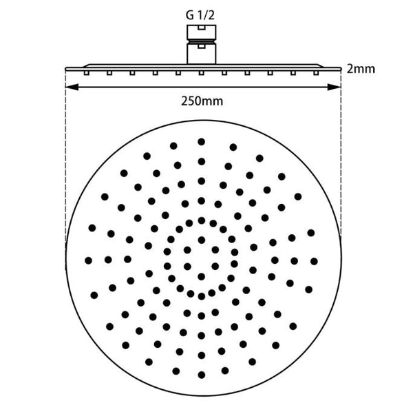 250mm Round Super Slim Black Rainfall Shower Head 2mm Thick [42-0007.SH]