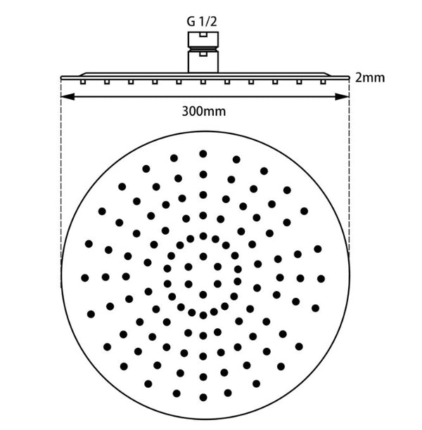 300mm Round Super Slim Black Rainfall Shower Head 2mm Thick [42-0008.SH]