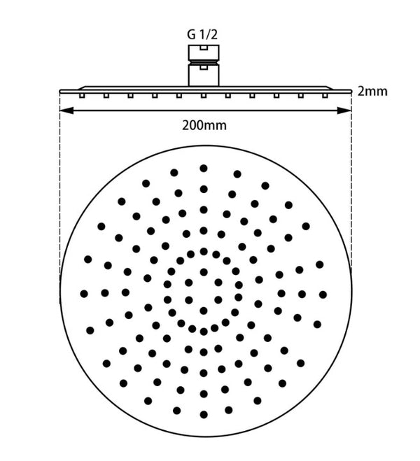 200mm Round Super Slim Rainfall Shower Head 2mm Thick [42-0119.SH]