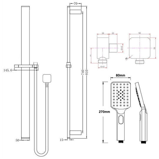 Square Sliding Shower Rail without handheld Shower (PVC Hose) [42-2149.SH+S8.HHS]