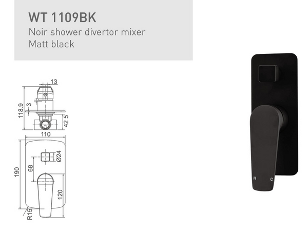 NOIR shower divertor mixer in Matte Black
