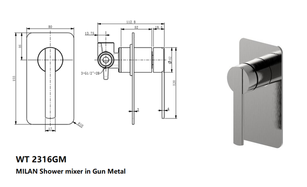 MILAN Shower mixer in Gun Metal
