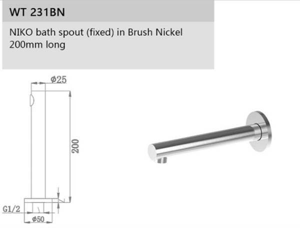 NIKO 200mm Bath Spout in Brushed Nickel Finish