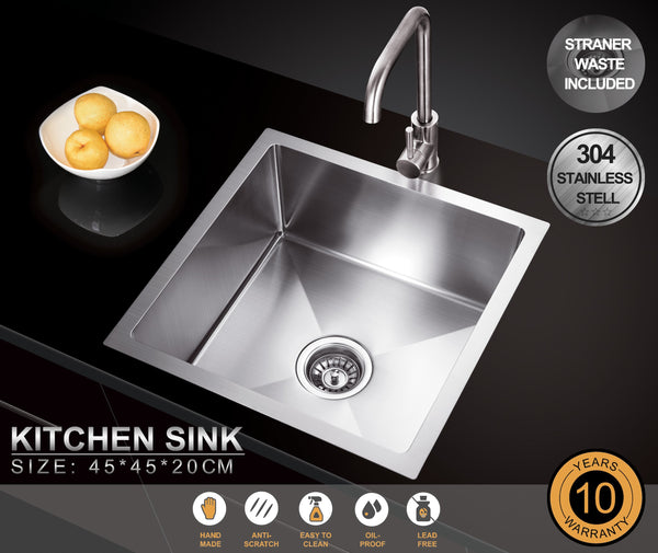 450*450*250 Handmade Stainless Steel Under/Topmount Kitchen Laundry Single Sink [44-HF4545D]