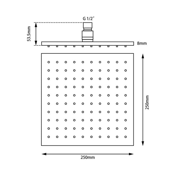 250mm Square Rainfall Brass Shower Head 8mm Thick [42-0135.SH]