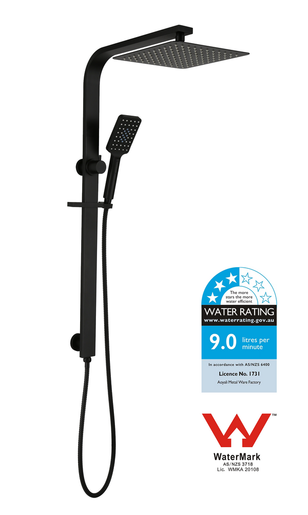 Square Dual Shower Set with Diverter & Adjustable Rail- Chrome / Matte Black [44-SH3002]