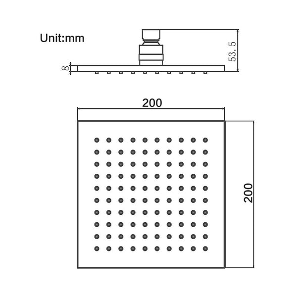 Square Chrome Rainfall Brass Shower Head 200mm