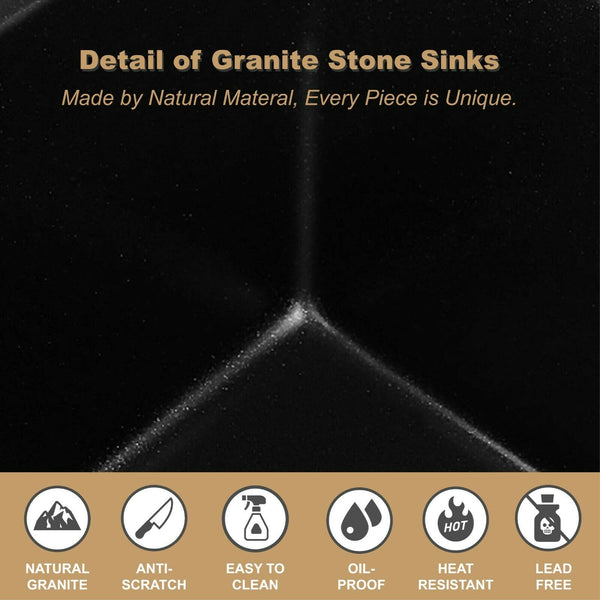 450*450*240 Kitchen Sink Laundry Black Granite Stone Sinks Single Bowl Basin [44-GS4545B]