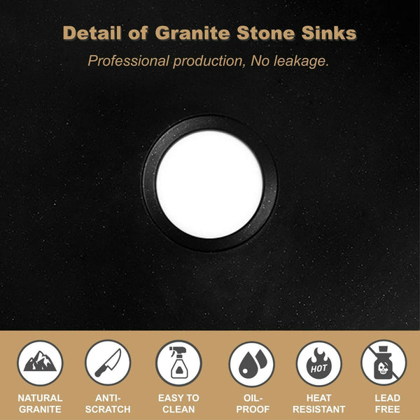 450*450*240 Kitchen Sink Laundry Black Granite Stone Sinks Single Bowl Basin [44-GS4545B]