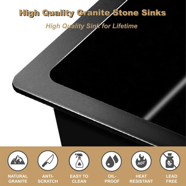 450*450*240 Kitchen Sink Laundry Black Granite Stone Sinks Single Bowl Basin [44-GS4545B]